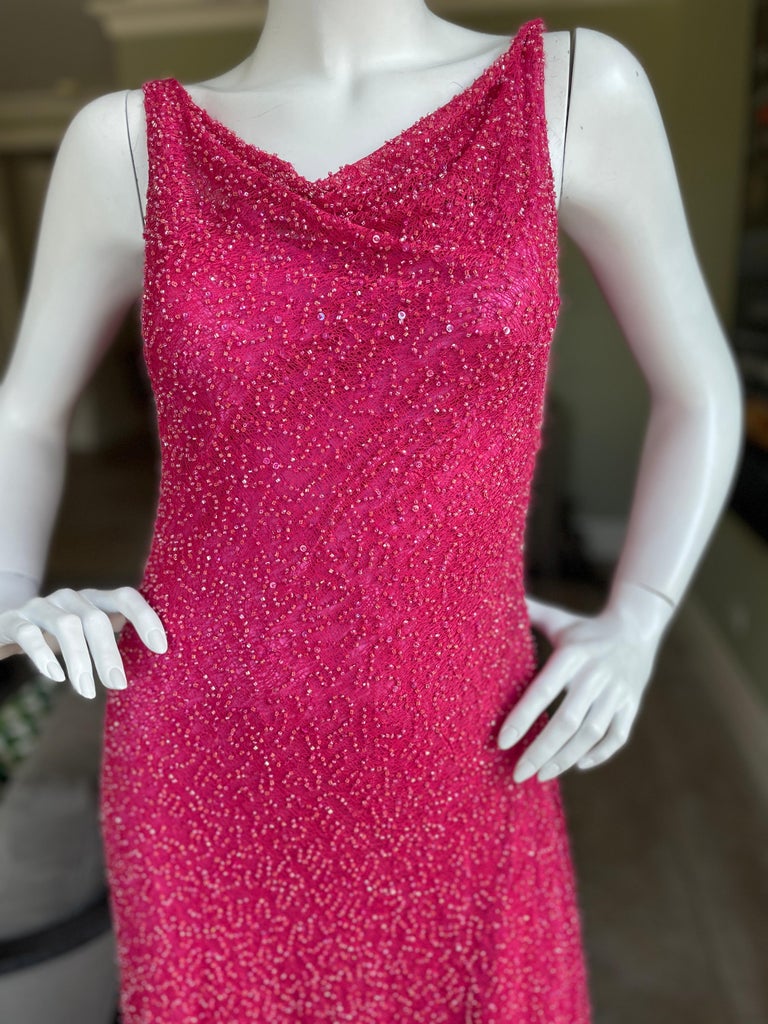 Byblos Vintage Silk Lined Beaded Pink Evening Dress with Cowl Back  For Sale 1
