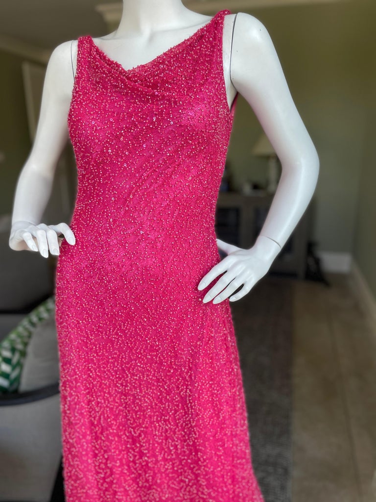 Byblos Vintage Silk Lined Beaded Pink Evening Dress with Cowl Back  For Sale 2