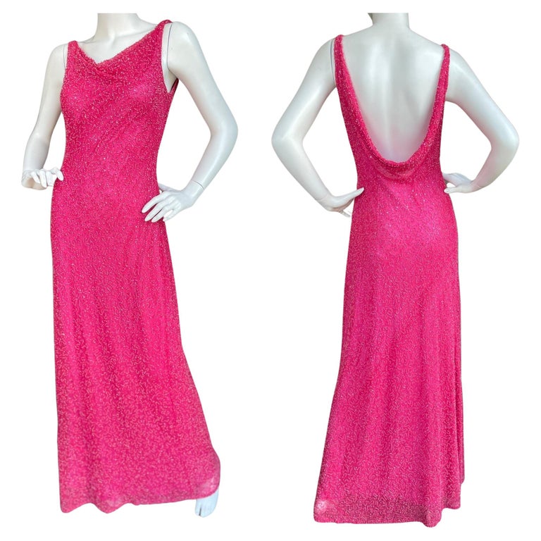 Byblos Vintage Silk Lined Beaded Pink Evening Dress with Cowl Back  For Sale