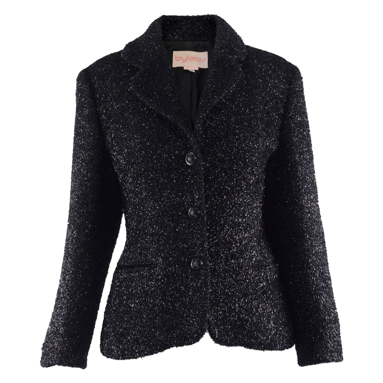 Byblos Vintage Womens Black Sparkly Fuzzy Fabric Party Jacket, 1980s