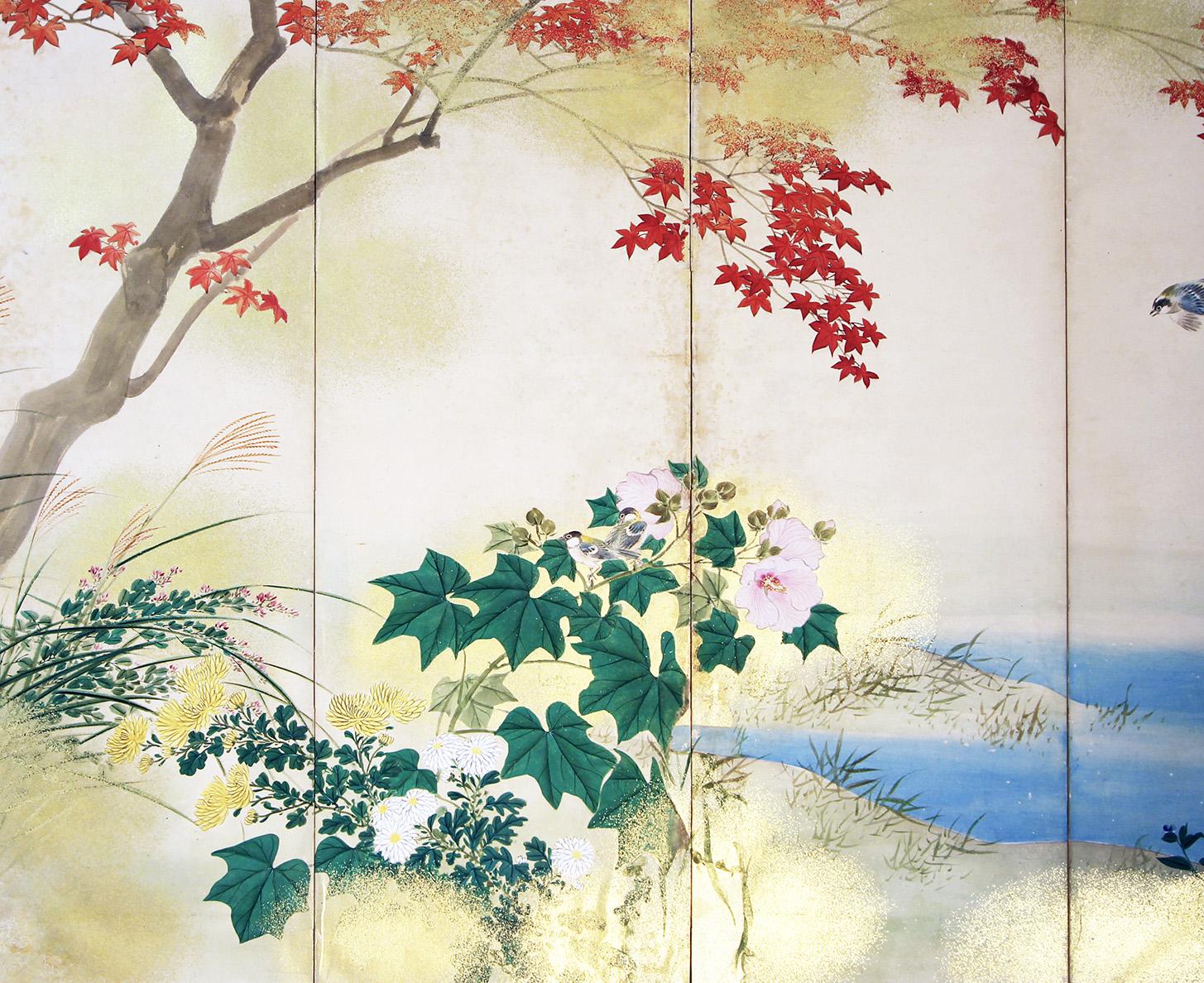 Nice four-panel Japanese screen painted on vegetal paper, depicting a landscape with a red maple, flowers and birds.
The size is very refined and easy to place in a  design project.
