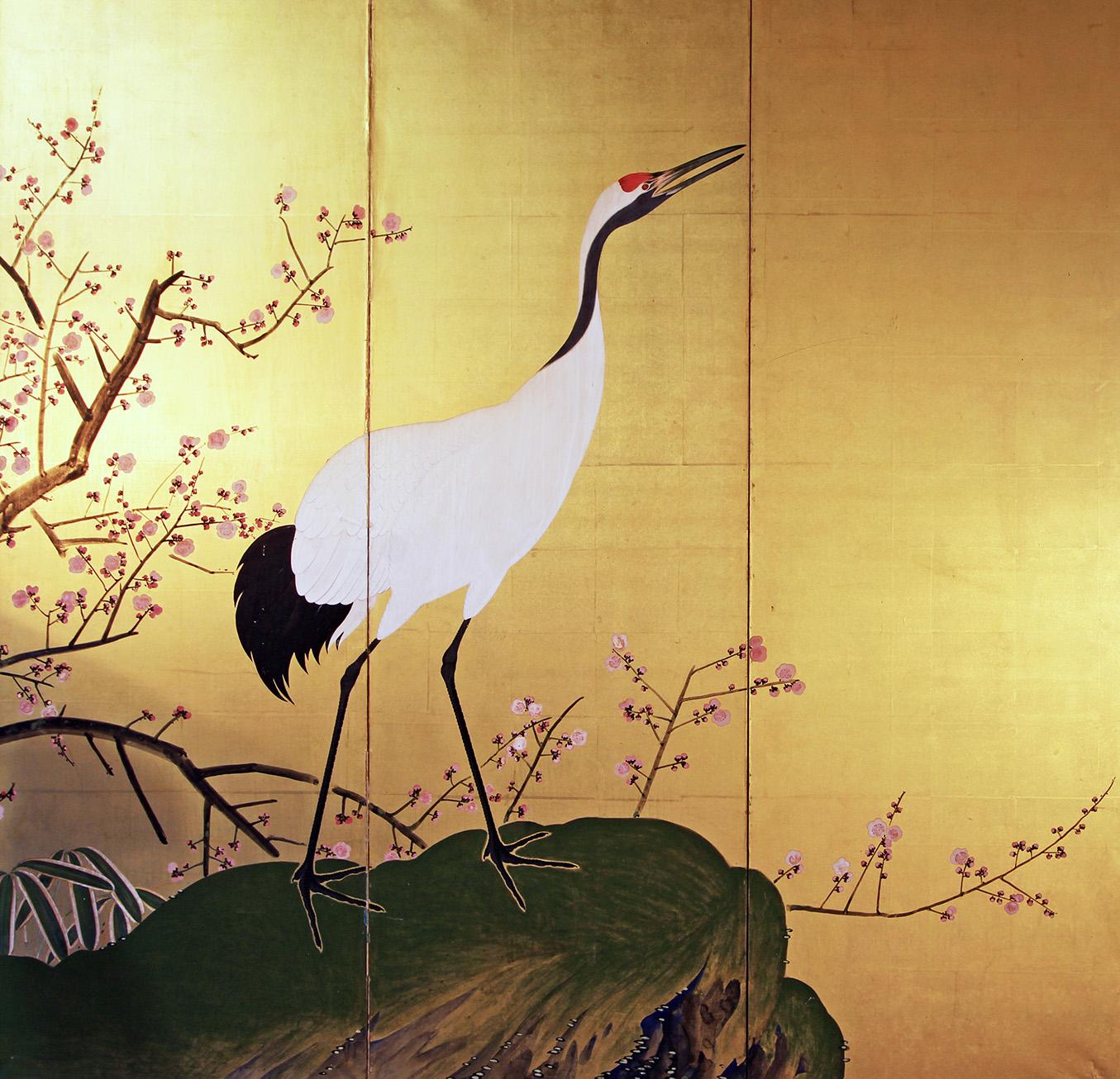 Meiji Byobu- Japanese Folding Screen Gold Leaf For Sale