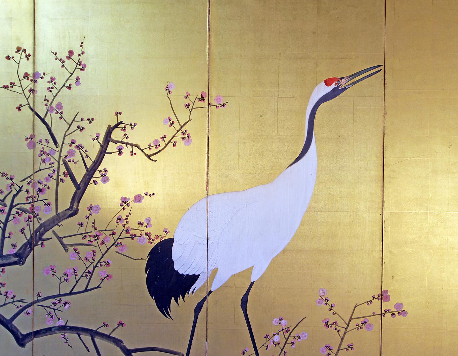 Hand-Painted Byobu- Japanese Folding Screen Gold Leaf For Sale