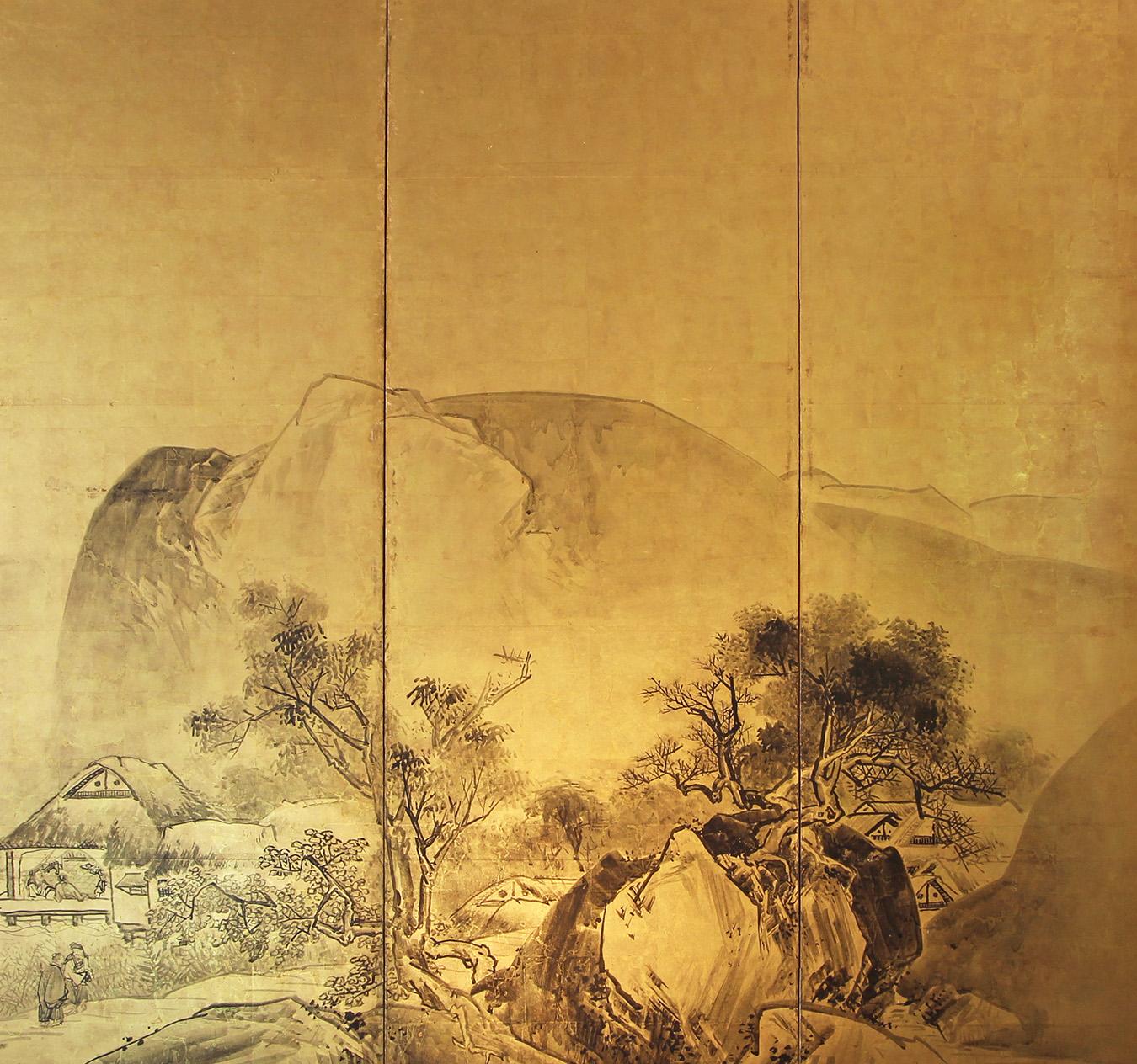 Byobu Japonés - Biombo Japonés Paisaje Seis Paneles Pan de Oro Edo