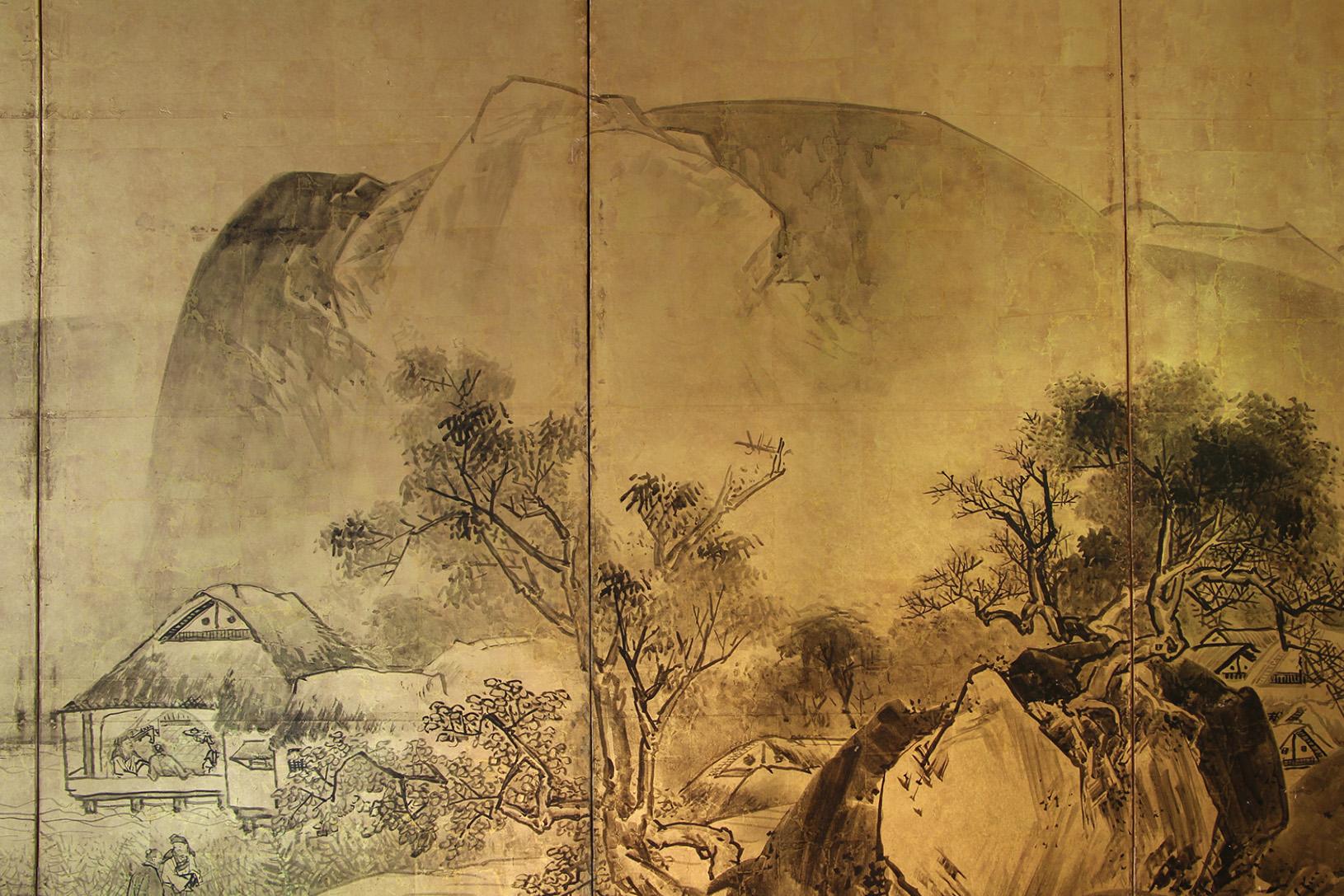 Byobu Japonés - Biombo Japonés Paisaje Seis Paneles Pan de Oro Pintado a mano
