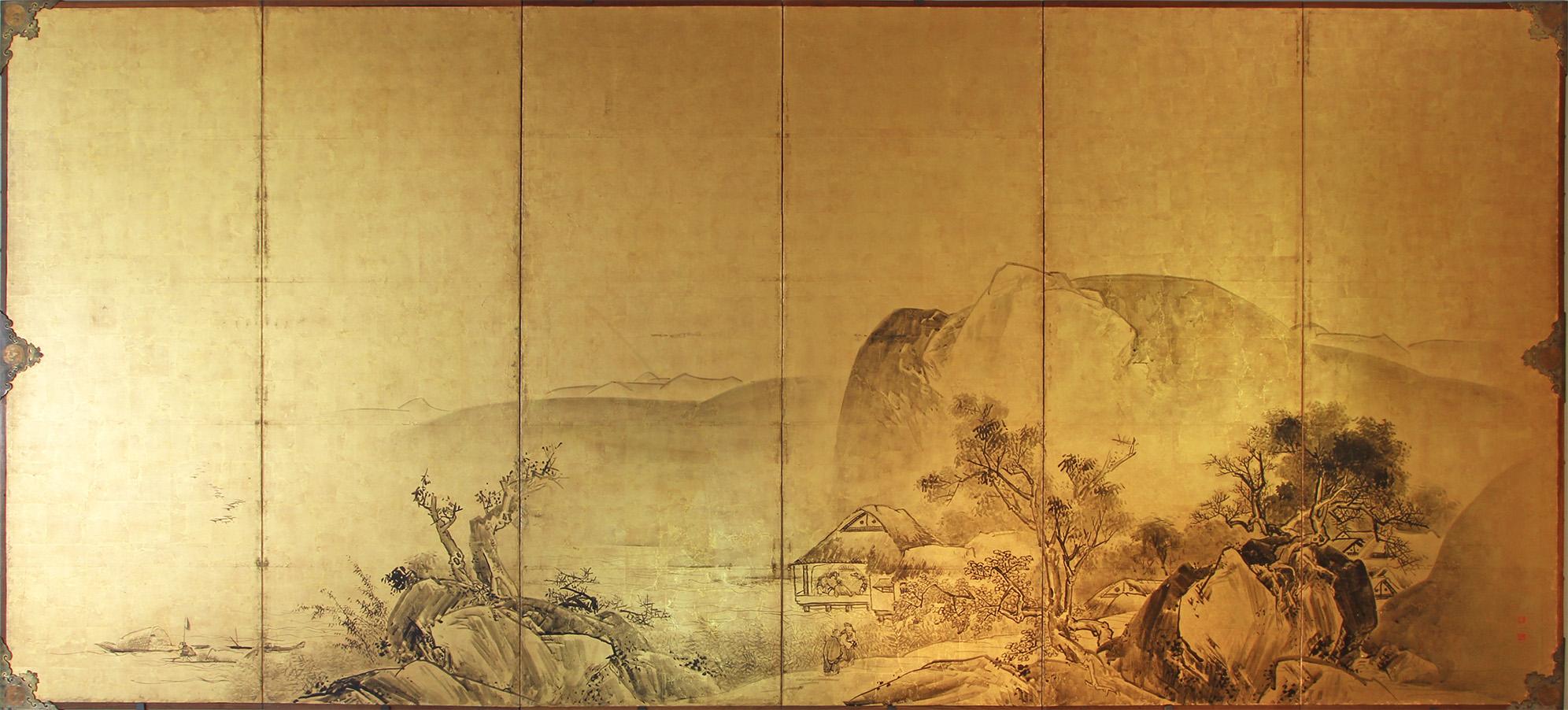 Byobu Japonés - Biombo Japonés Paisaje Seis Paneles Pan de Oro Hoja de oro