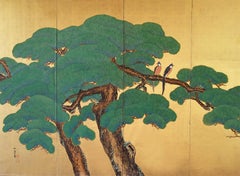 Byobu - Japanese Screen Gold Leaf Kano School Pine Sun