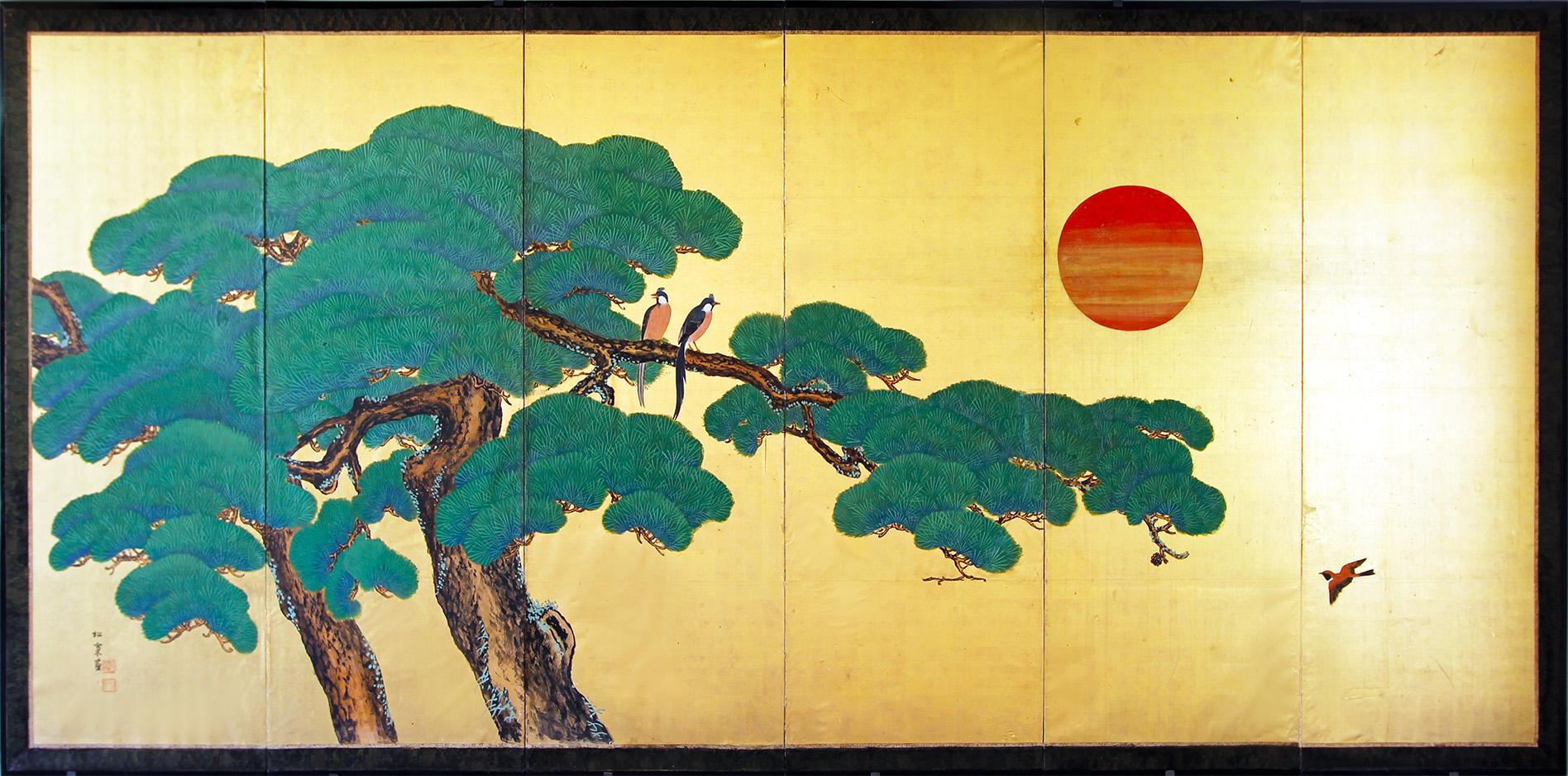 Foglia d’oro Byobu - Paravento giapponese a foglia d'oro Kano School Pine Sun in vendita