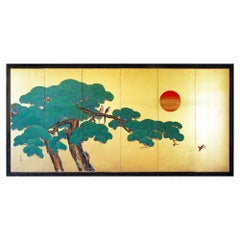 Antique Byobu - Japanese Screen Gold Leaf Kano School Pine Sun