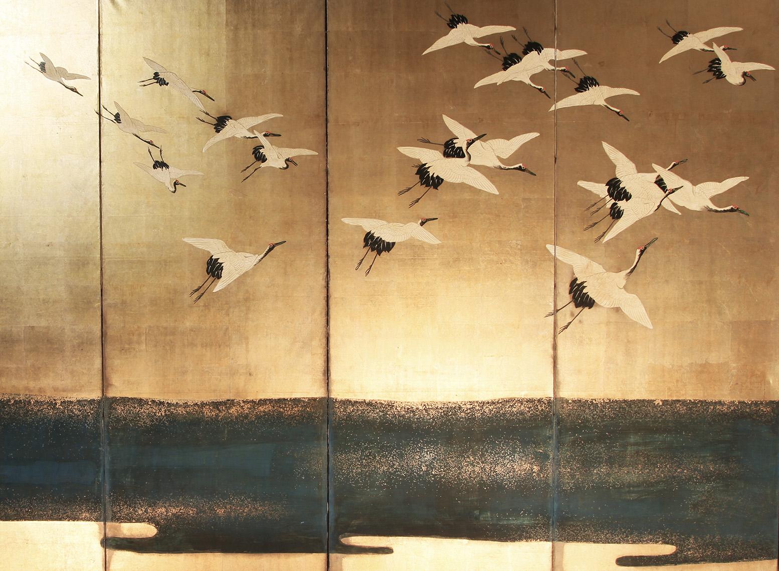 Japanese six-panel screen from the Kano school: landscape with many beautiful and elegant cranes on blue water.
Hand painted with mineral pigments and gold leaf inks.
Good condition of conservation of both painted hinges of the screen panels.
The