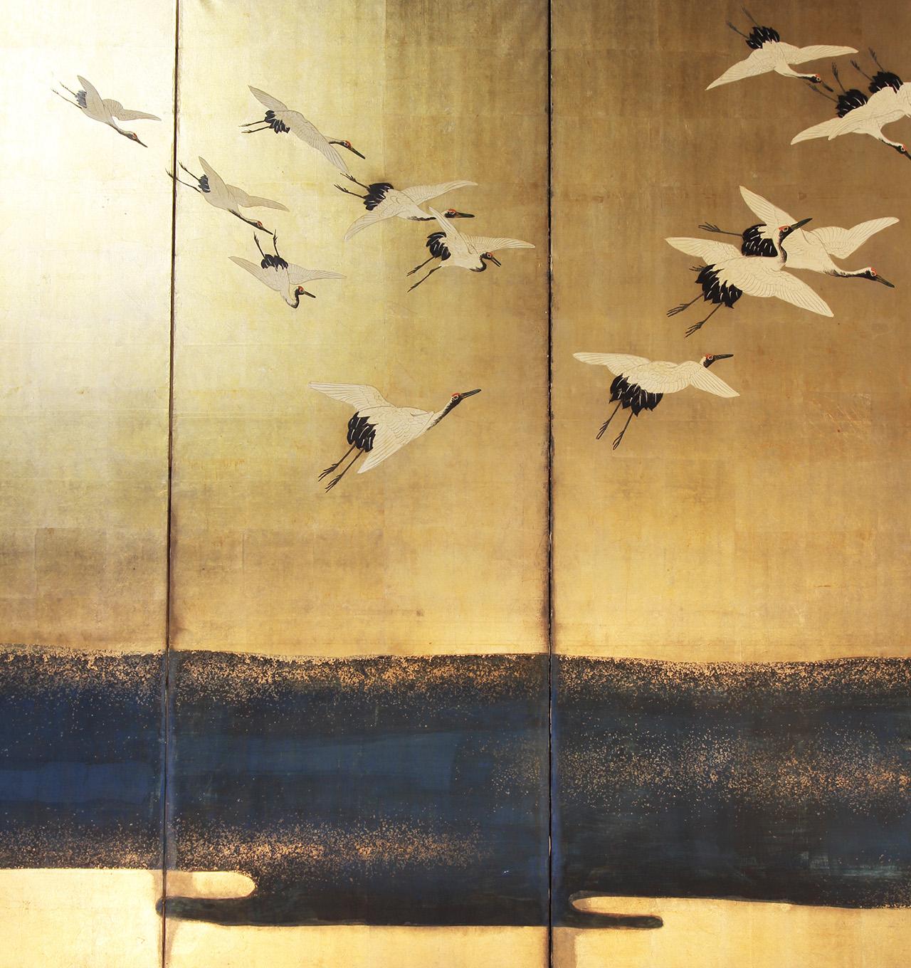 Hand-Painted Byobu - Japanese Screen six Panels Gold Leaf