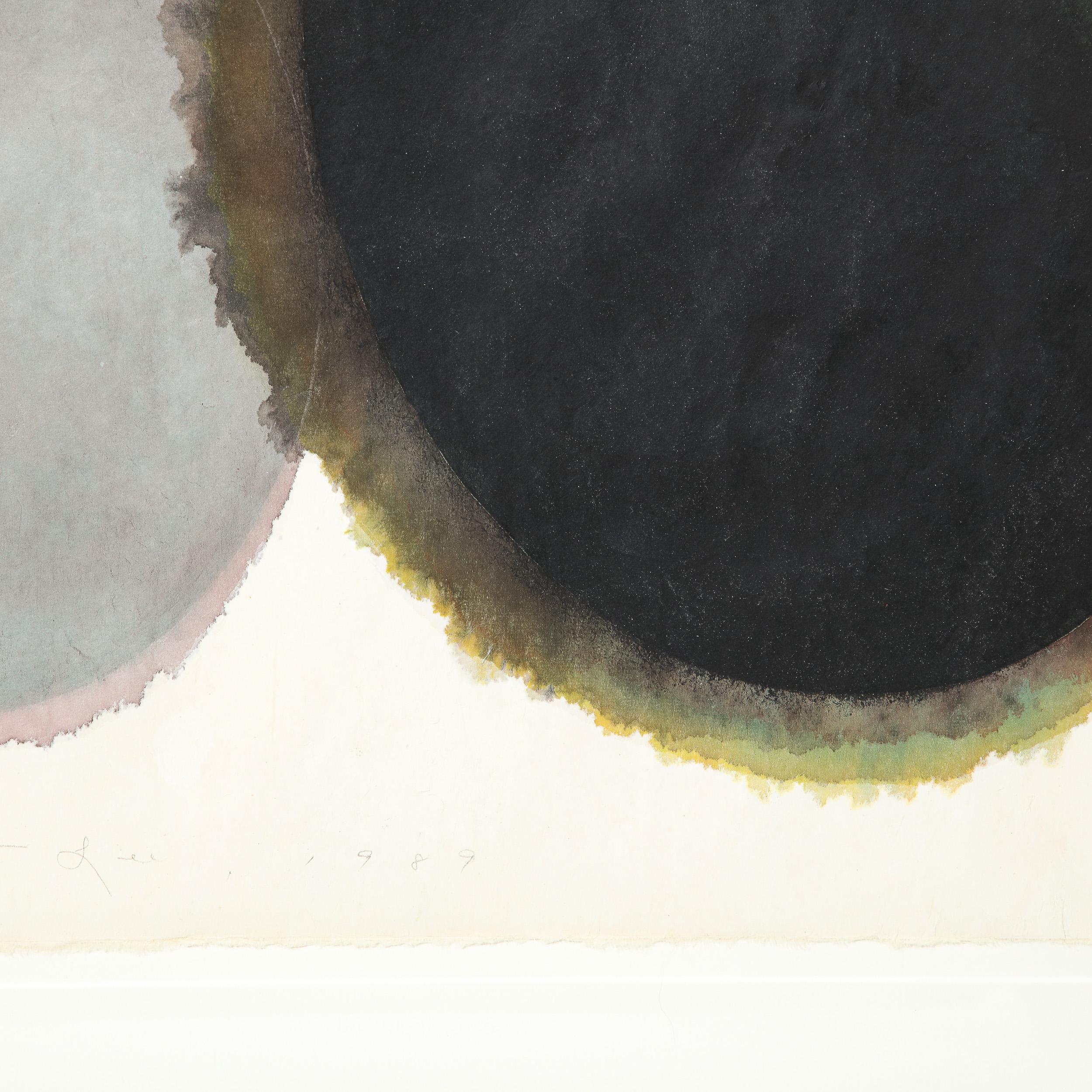 This elegant watercolor on paper, entitled“Two Black Eggs”,  was realized by the esteemed Korean artist Byoung Yong Lee in 1989. It features three overlapping ovoid forms, representing abstracted interpretations of bird eggs. The outer two ovoid
