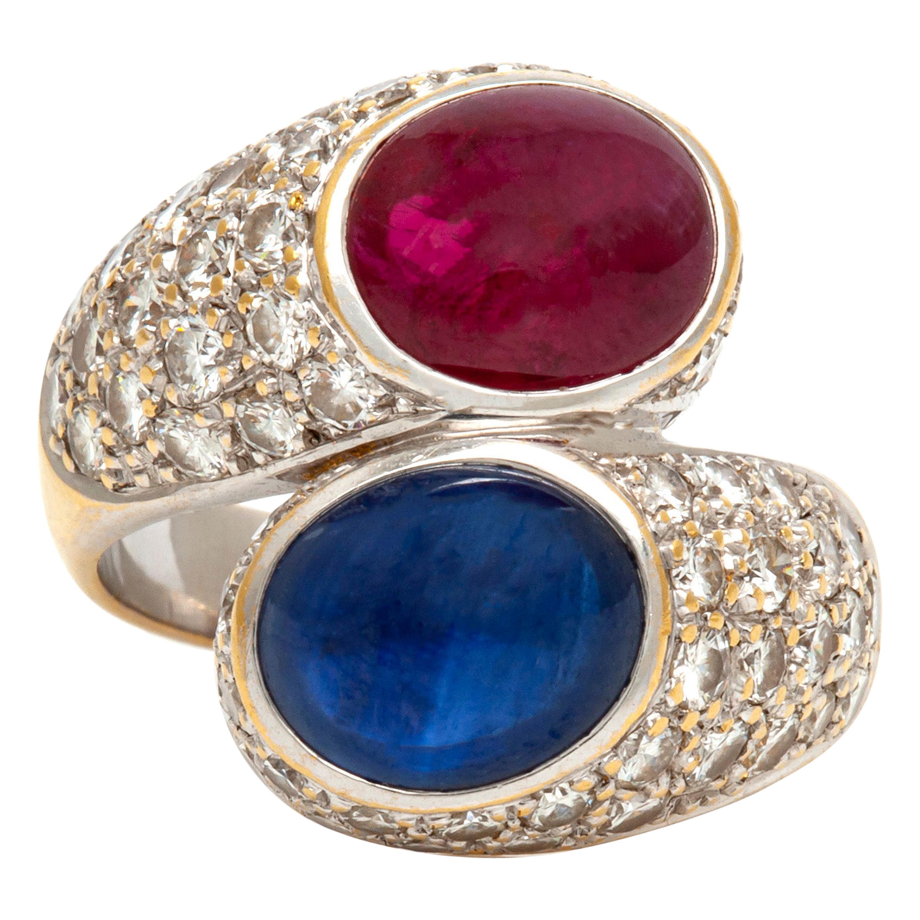 Bypass Cabochon Ruby and Sapphire Diamond Ring For Sale