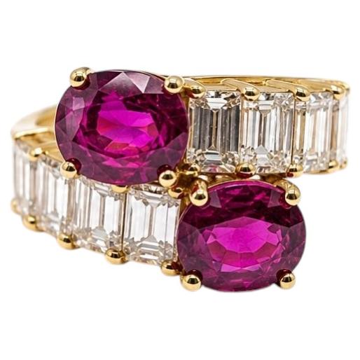 Estate Bypass Certified Unheated Thai Ruby and Diamond Twin Ring For Sale