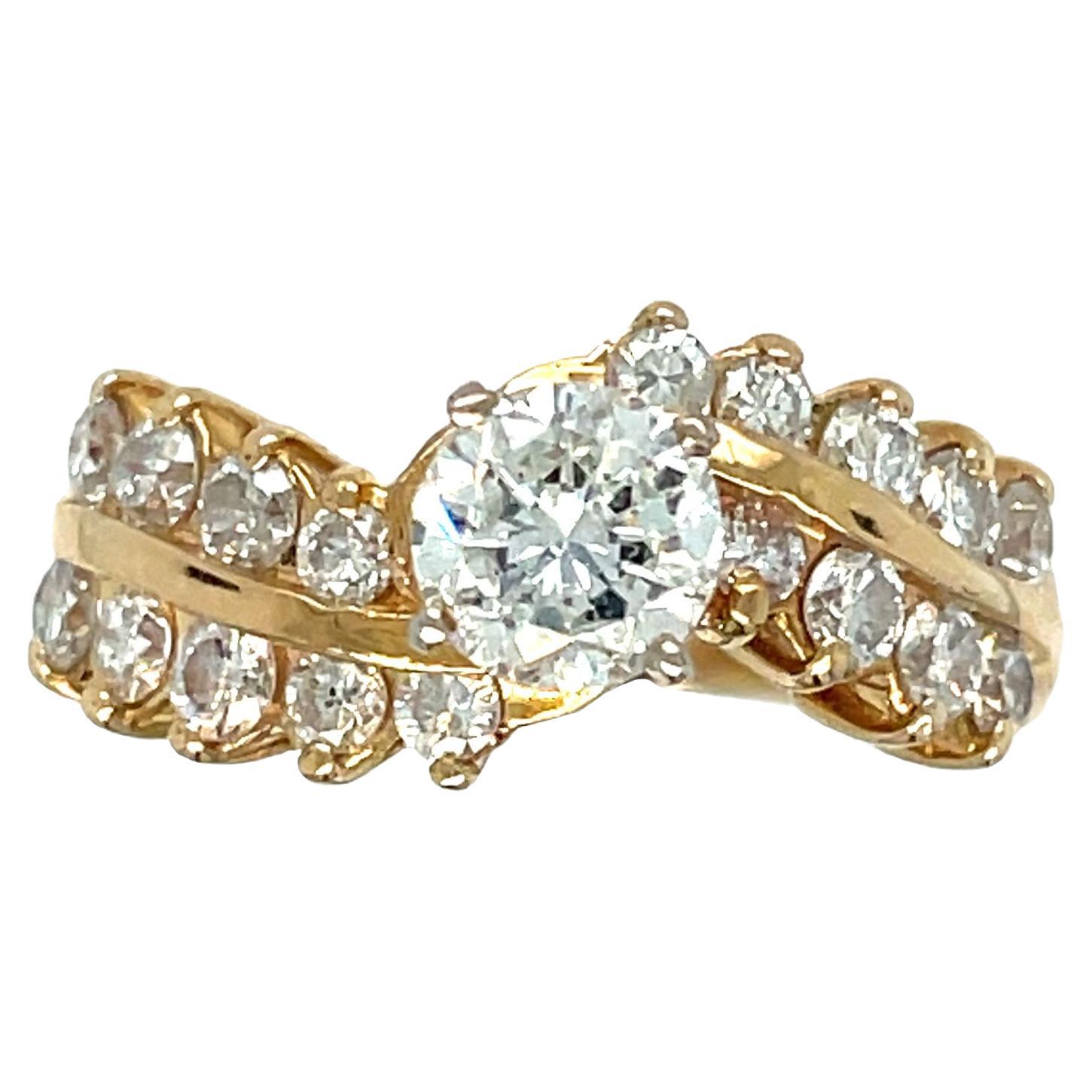 Bypass Diamond Engagement Ring in 14K Yellow Gold For Sale