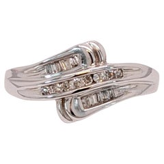 Estate Bypass Diamond Ring in Solid 10K White Gold  Round & Baguette Accents
