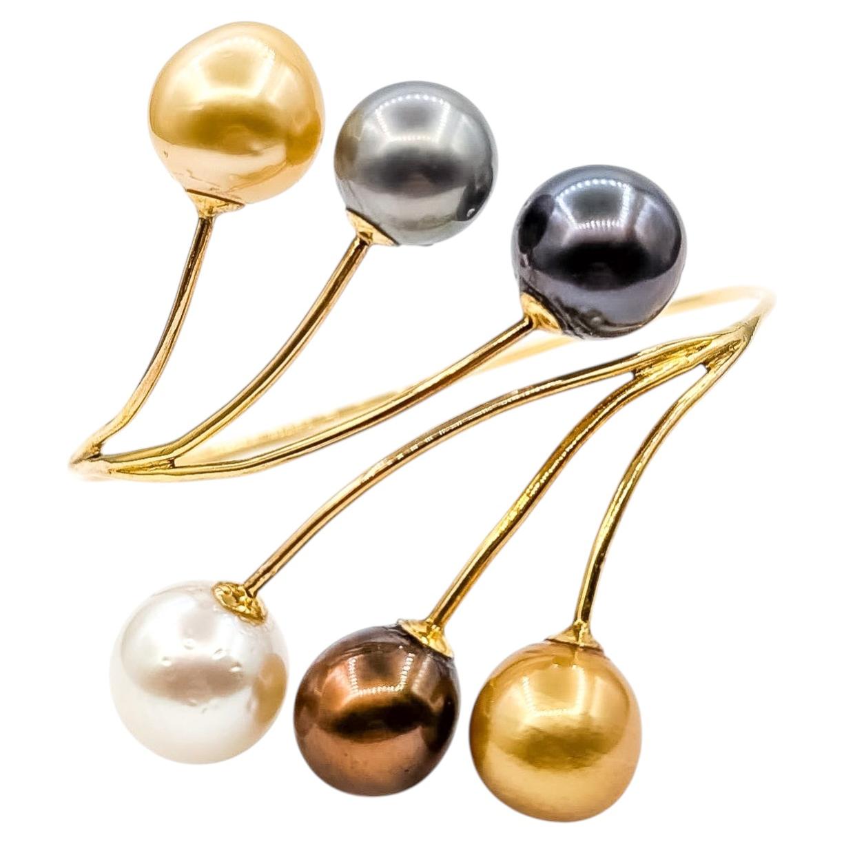 Bypass Multi-Color Pearl Bracelet in 14k Yellow Gold For Sale