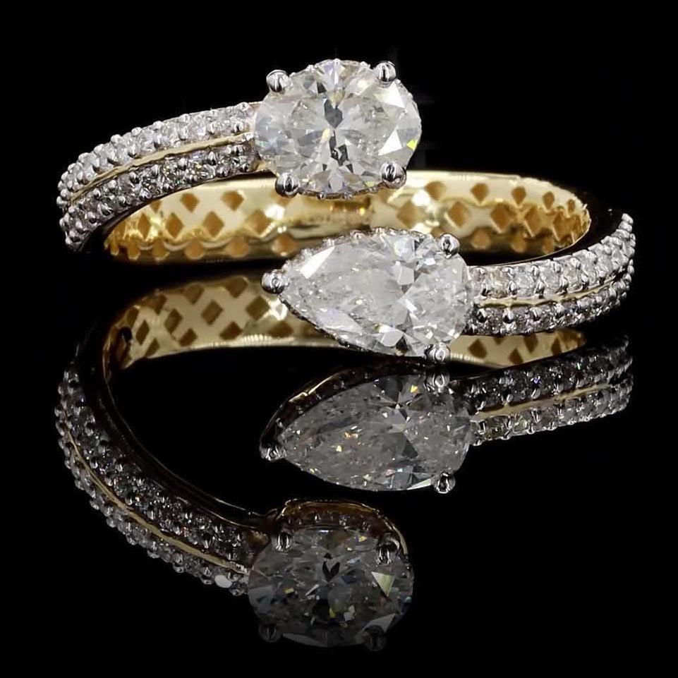 Open Pass Rings Bypass Pear Oval Natural Diamond Open Pave Ring in 14K Solid Gold ...