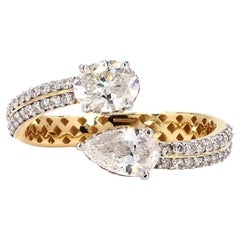 Bypass Pear Oval Natural Diamond Open Pave Ring in 14K Solid Gold (Certified)