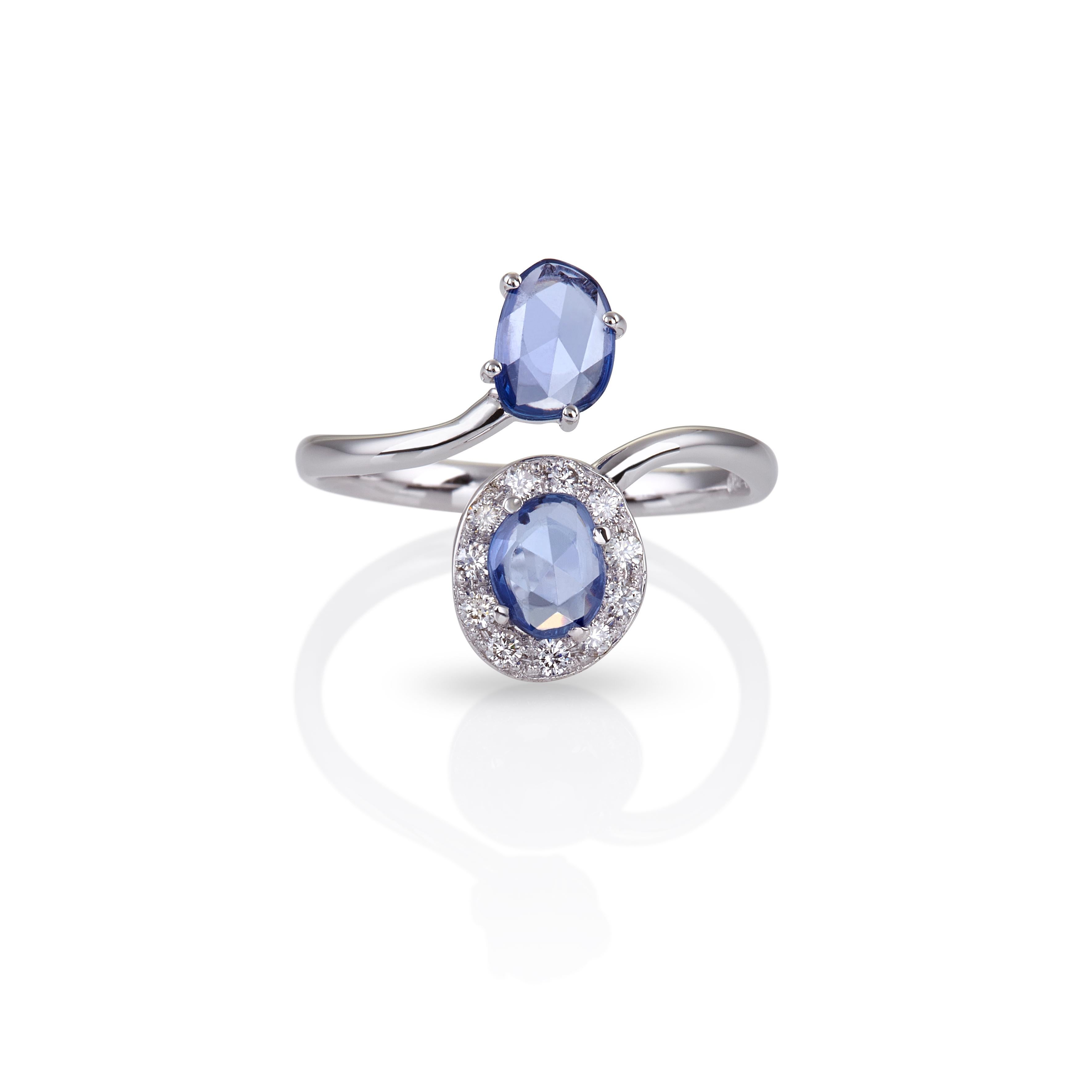 For Sale:  Bypass Ring in 18Kt White Gold with Two Very Peri Sapphires and Diamonds Halo 2