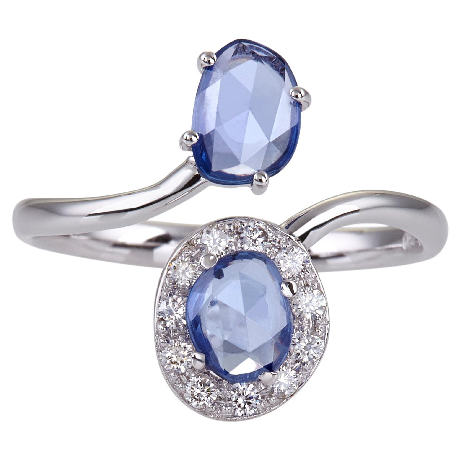 Bypass Ring in 18Kt White Gold with Two Very Peri Sapphires and Diamonds Halo 