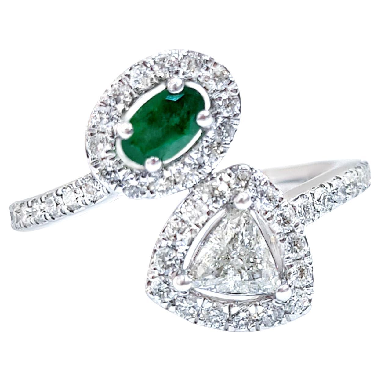 Bypass Ring Oval Emerald and Trillion Diamond 1.03 Carats Total 18K White Gold For Sale