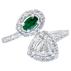 Bypass Ring Oval Emerald and Trillion Diamond 1.03 Carats Total 18K White Gold