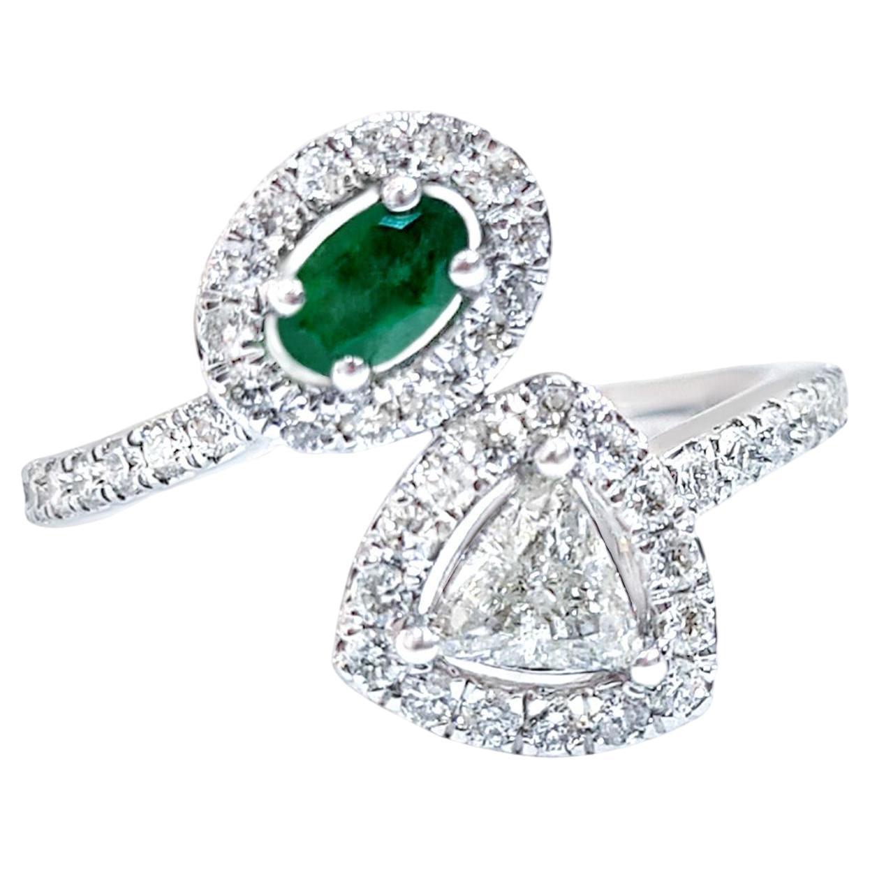 Bypass Ring Oval Emerald and Trillion Diamond 1.03 Carats Total 18K White Gold For Sale