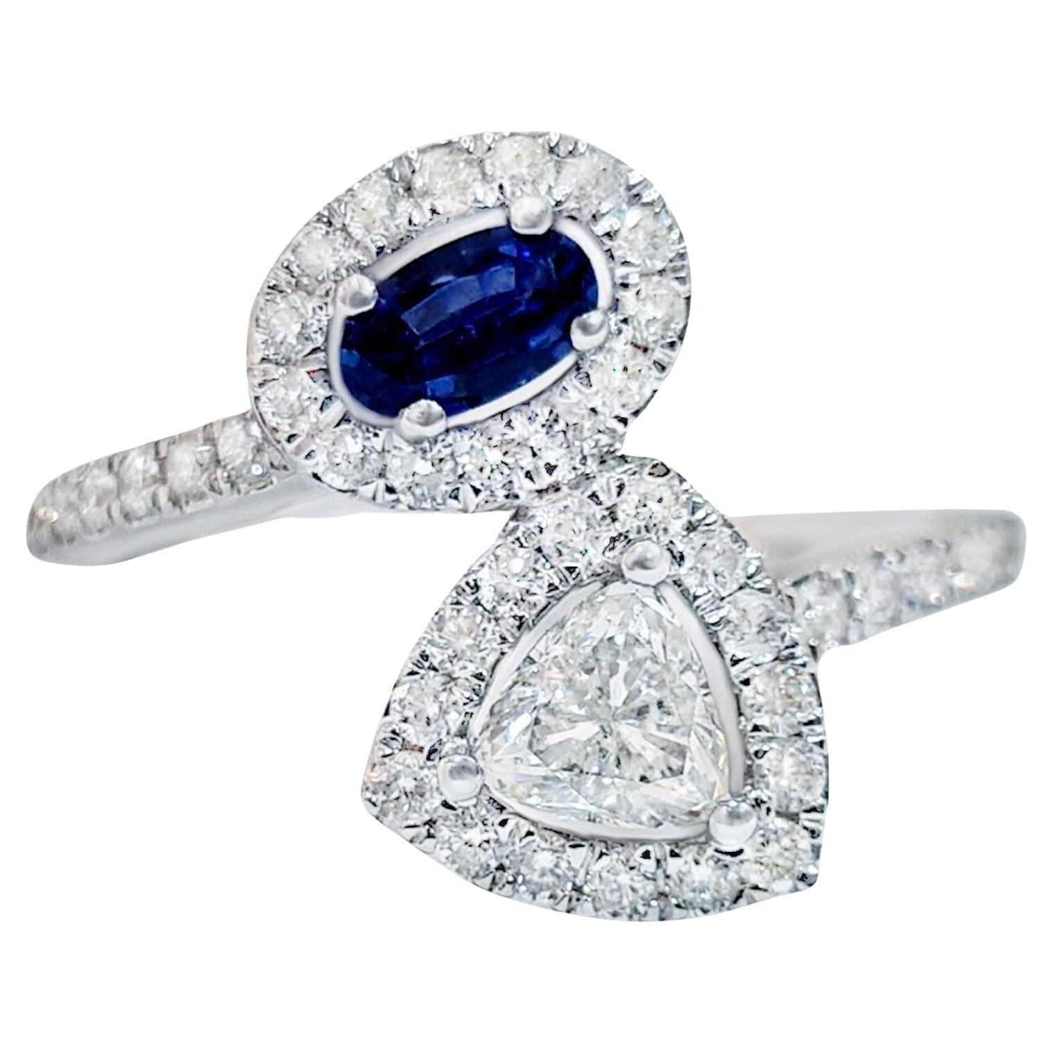 Bypass Ring Oval Sapphire and Trillion Diamond 1.06 Carats Total 18K White Gold For Sale