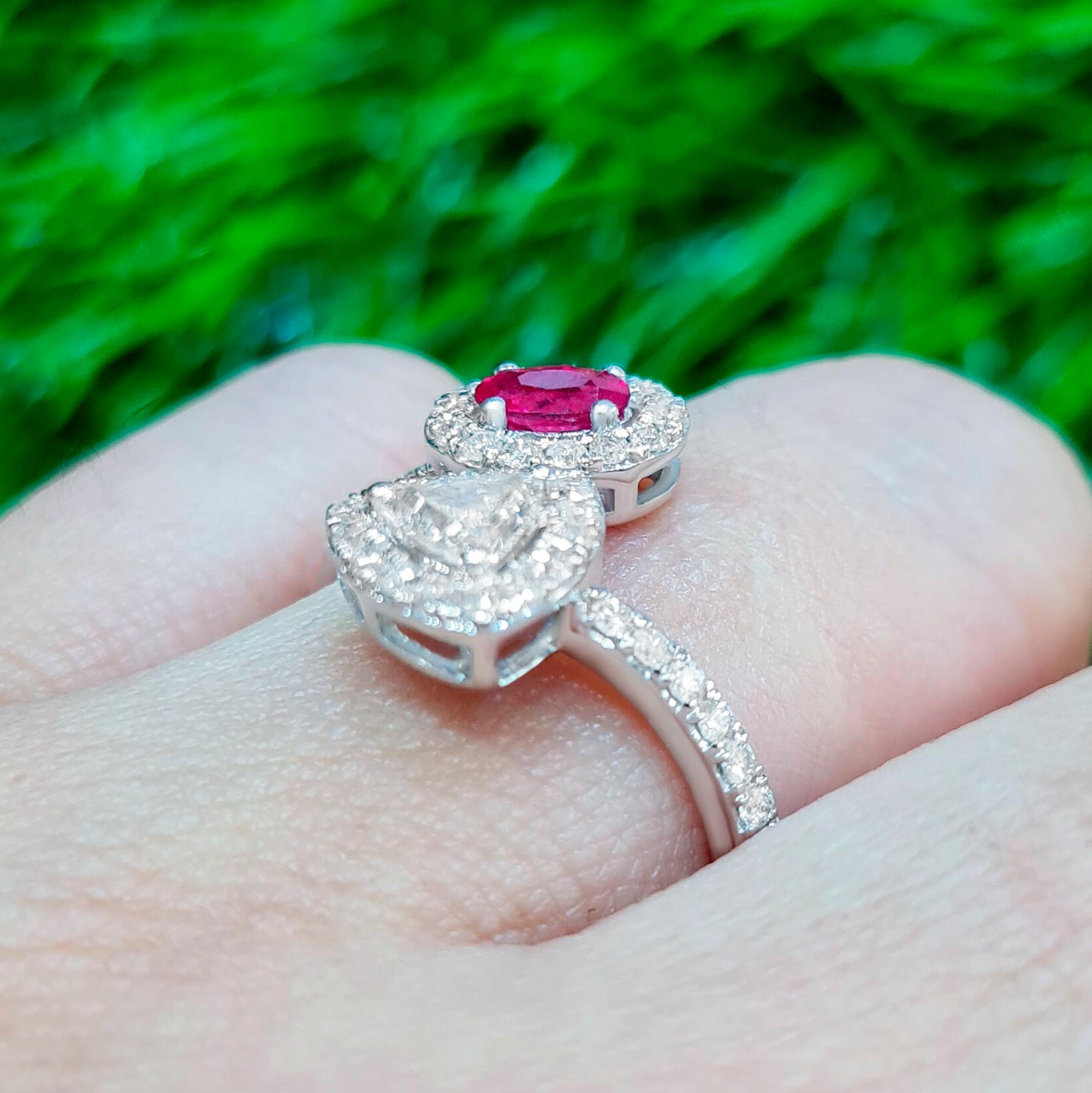 Oval Cut Bypass Ring Ruby and Diamonds 1.10 Carats 18K White Gold For Sale