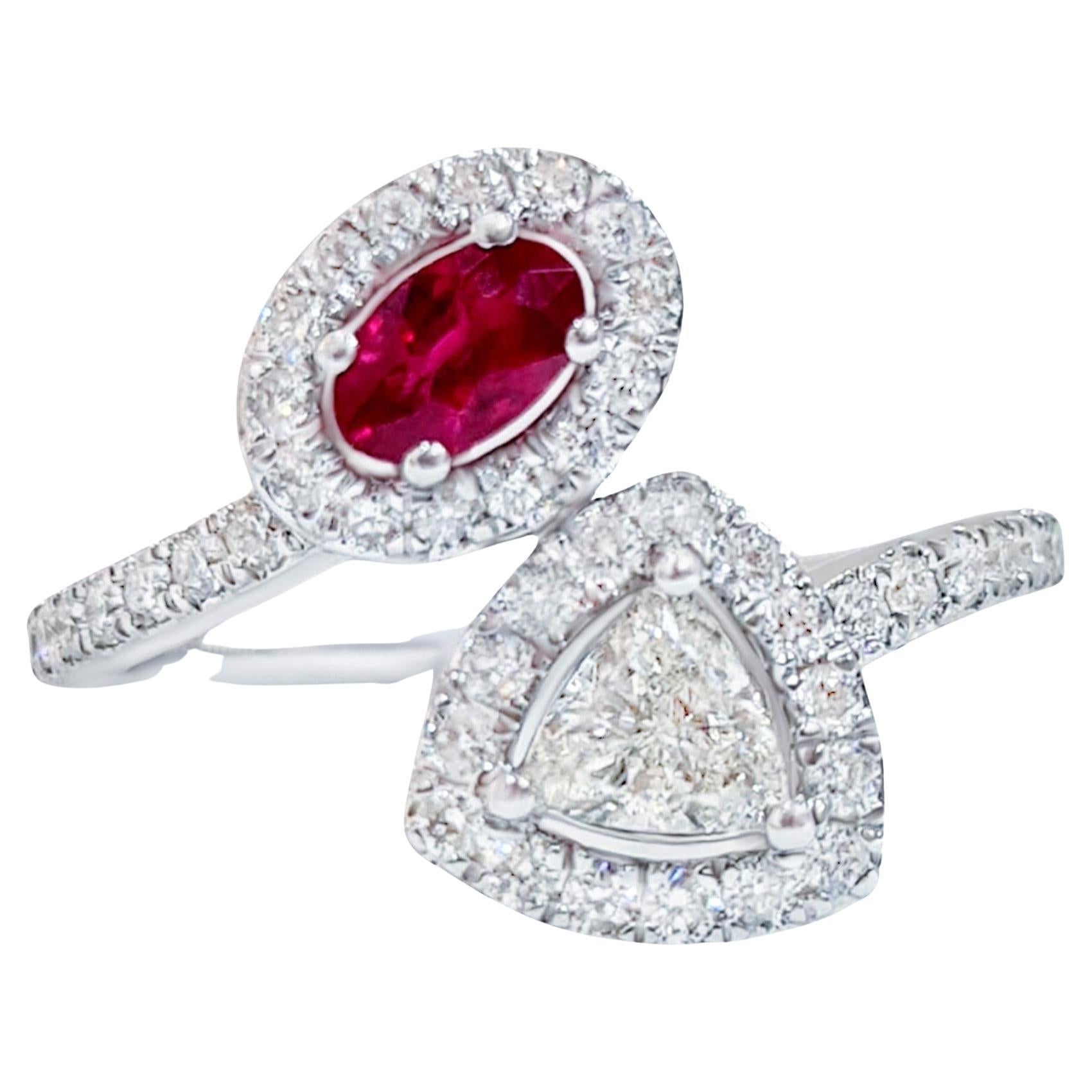 Bypass Ring Ruby and Diamonds 1.10 Carats 18K White Gold For Sale