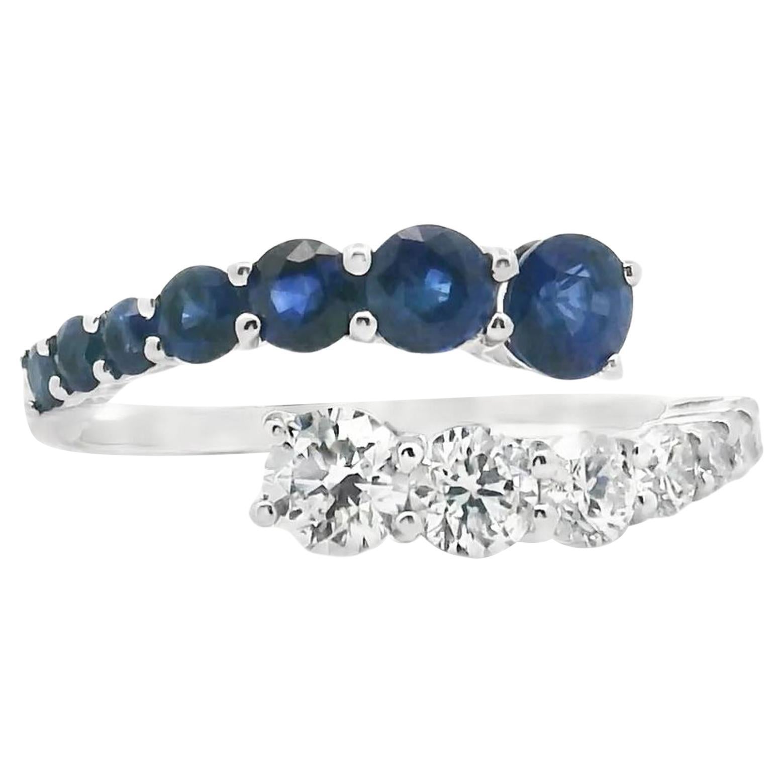 Bypass-Ring mit spitz zulaufenden runden Diamanten und 1,15 Karat Saphiren in 14K Weißgold