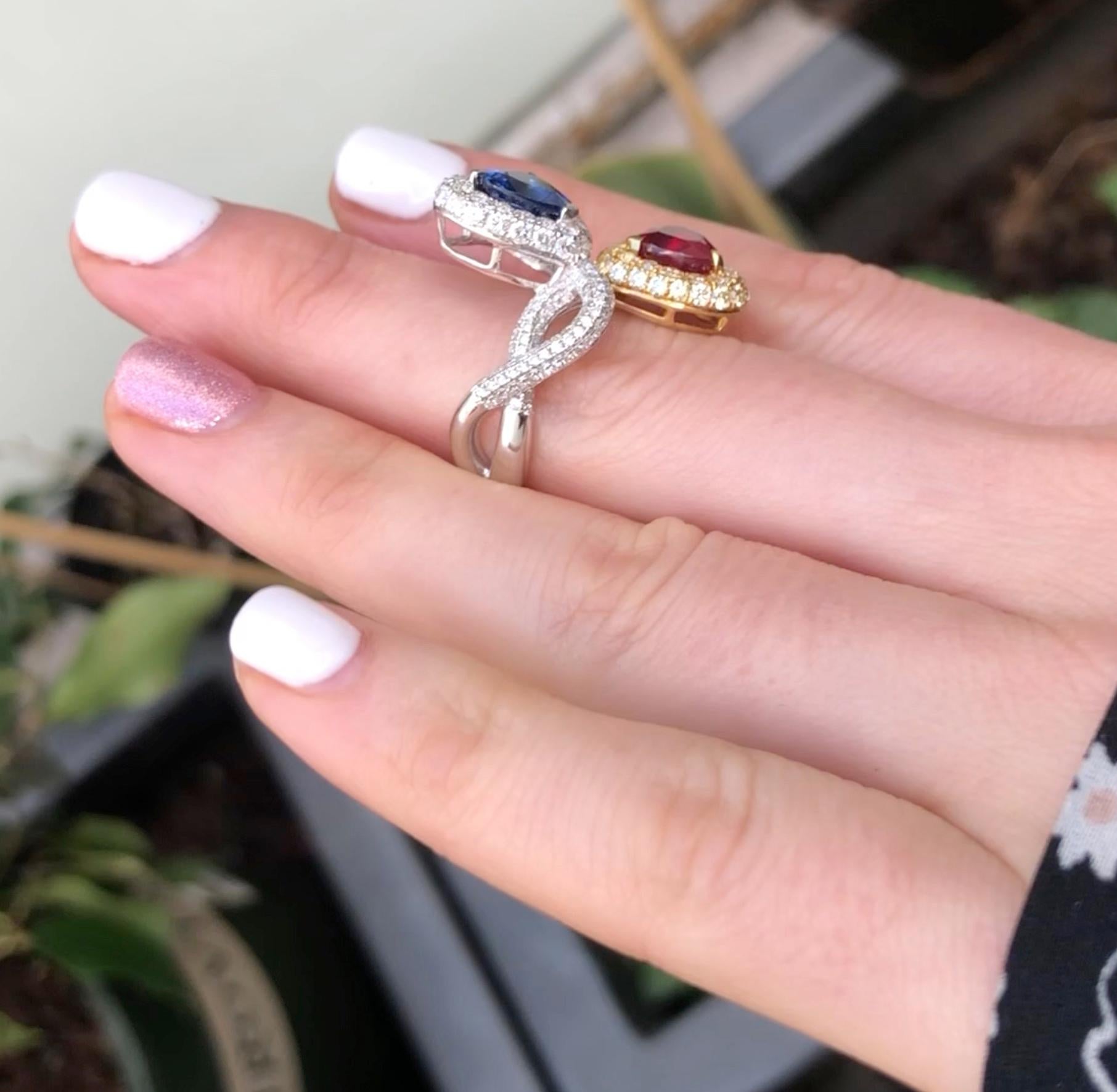 Bypass Rubin Saphir Diamant Toi et Moi Cocktail Ring im Angebot 2