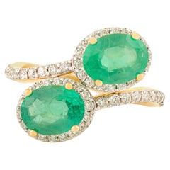 Bypass-Style Emerald and Diamond Cocktail Ring in 14k Yellow Gold Fine Jewelry