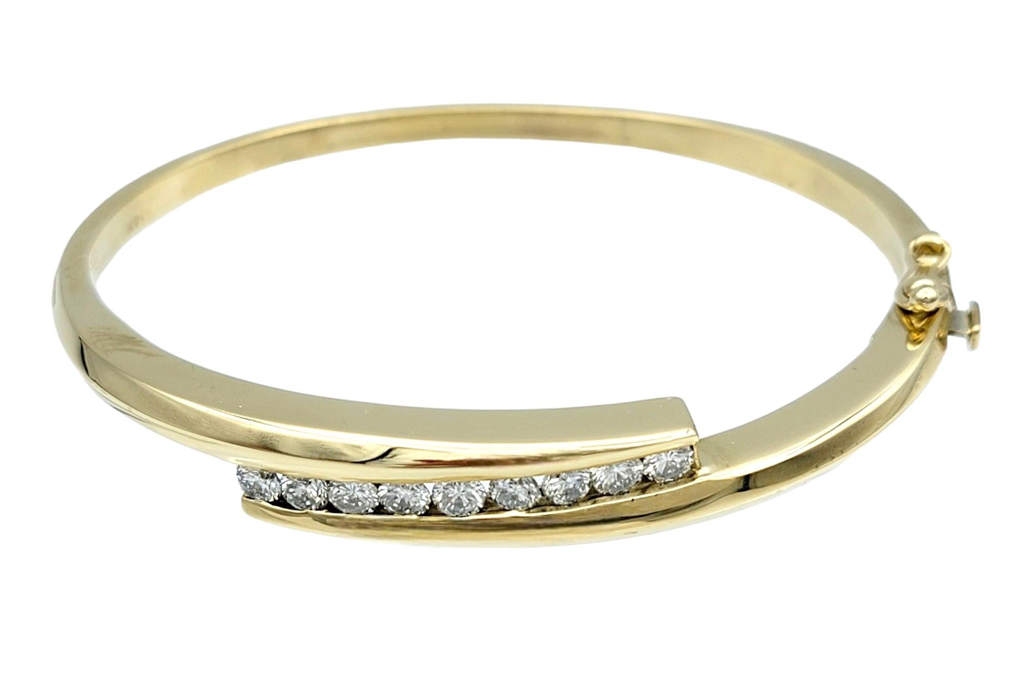 Round Cut Bypass Style Hinged Bangle Bracelet with Round Diamonds in 14 Karat Yellow Gold For Sale