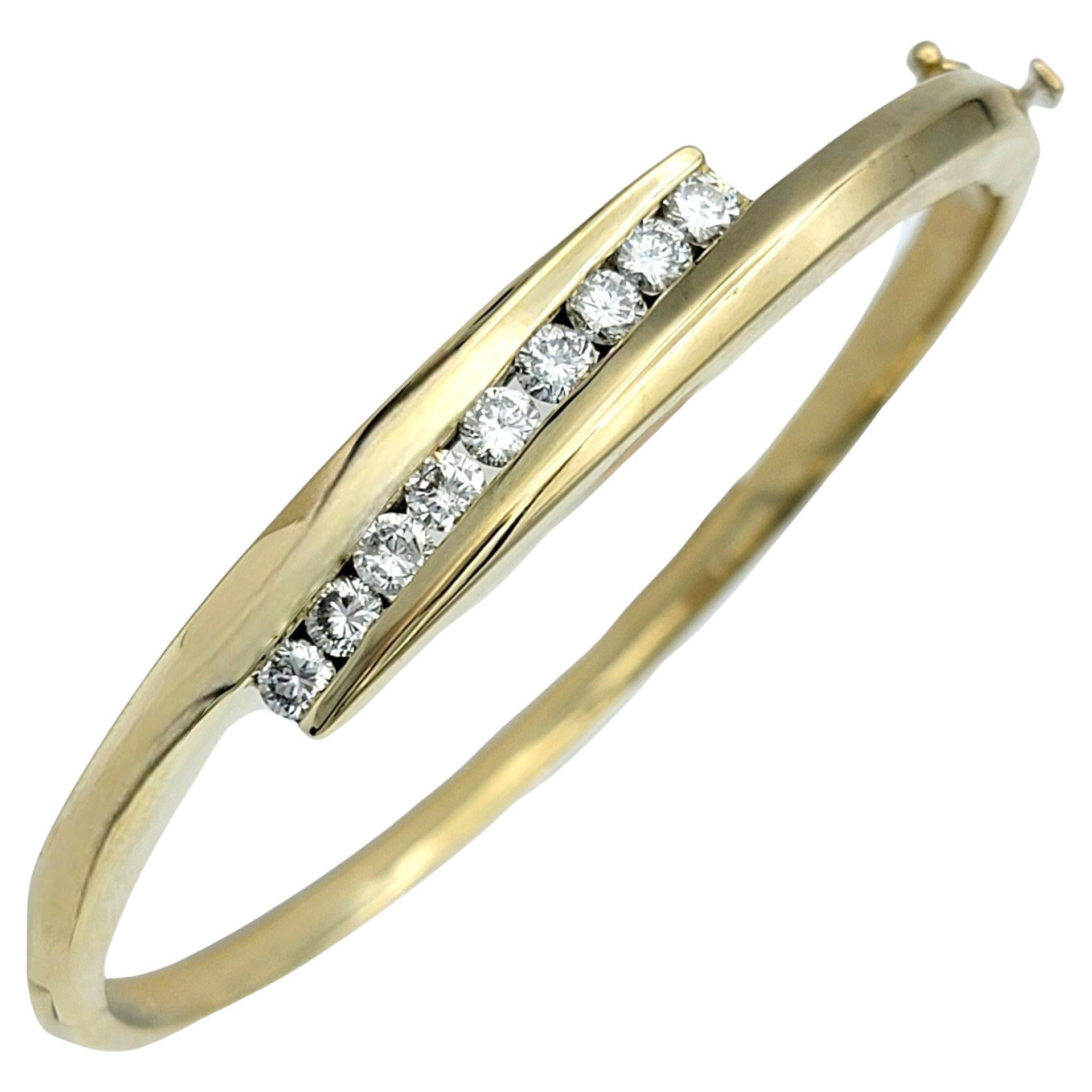 Bypass Style Hinged Bangle Bracelet with Round Diamonds in 14 Karat Yellow Gold For Sale