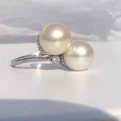 Bypass Twin Cultured Pearl & Round Brilliant Cut  White Diamond Ring 18ct Gold