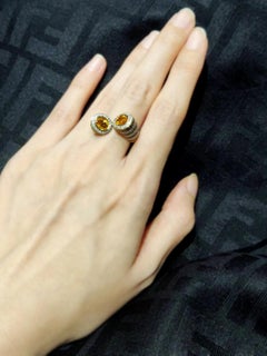 Bypass Twisted Oval Yellow Sapphire Black & White Diamond Stripe 18k Gold Ring