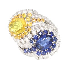 Bypass Yellow and Blue Sapphire Cocktail Ring with Diamonds in 14K White Gold