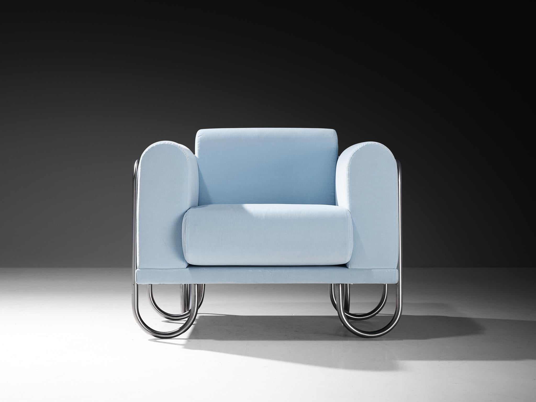 Tissu Byron Botker pour Landes fauteuils de salon en velours bleu clair en vente
