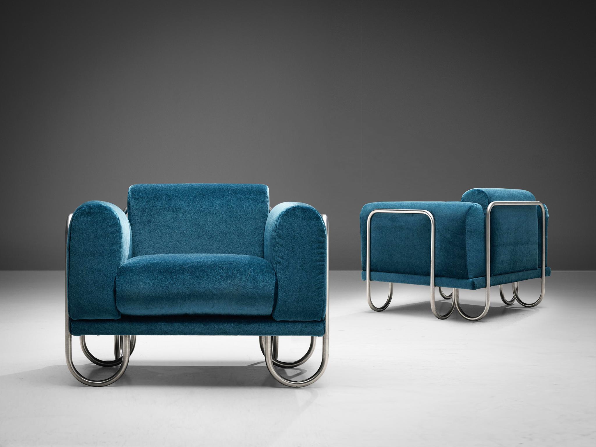 Byron Botker pour Lande, chaises longues, tissu bleu, acier chromé, États-Unis, années 1970

Un fauteuil confortable doté d'une structure tubulaire chromée incurvée. Le cadre semble être une ligne courbe continue, se déplaçant vers le haut pour