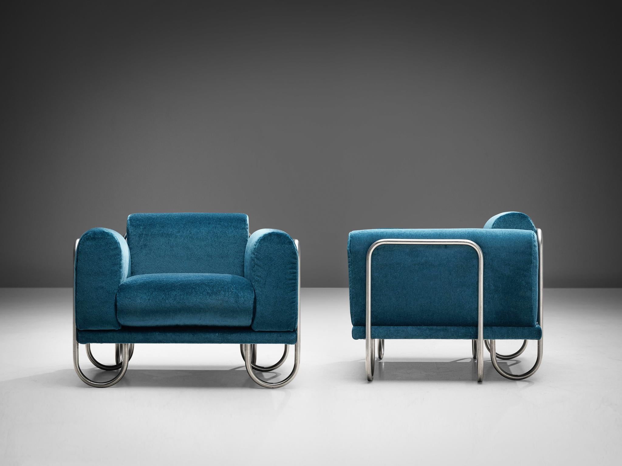 French Byron Botker for Landes Lounge Chairs with Tubular Frames in Blue  For Sale