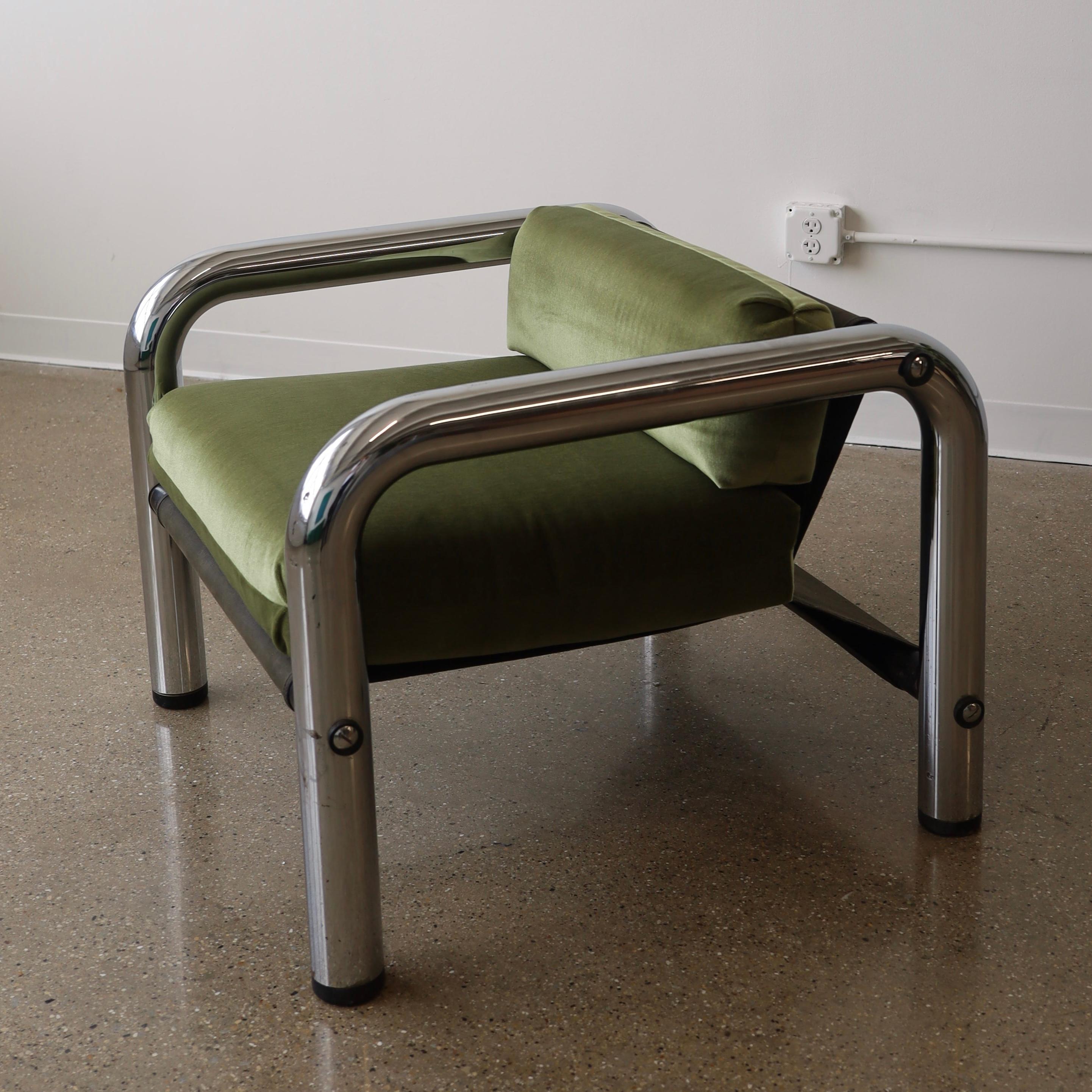 c. 1980s for Landes, USA - freshly reupholstered in green mohair. The fabric is in excellent condition, but the chrome frame and canvas sling has significant wear. Please see photos for additional info