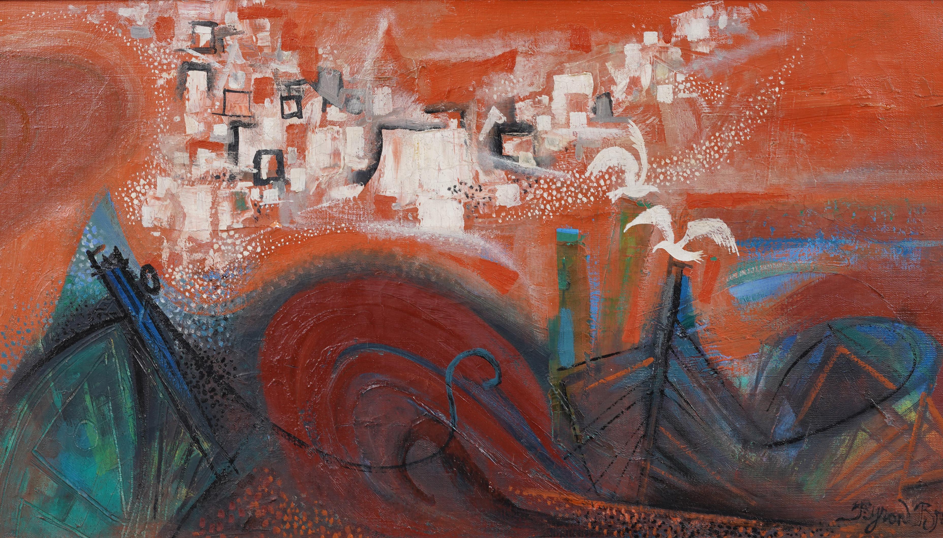 Antico grande dipinto modernista americano con cornice del paesaggio fauvista di Provincetown - Abstract Painting Marrone di Byron Browne