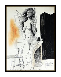 Byron Browne Original Gouache Painting Hand Signed Nude Female Portrait Artwork