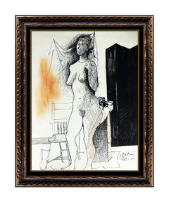 Byron Browne Original Gouache Painting Hand Signed Nude Female Portrait Artwork