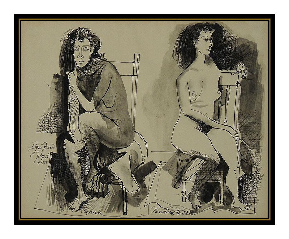 Byron Browne Original Gouache Painting Signed Nude Portrait Antique Artwork oil For Sale 1