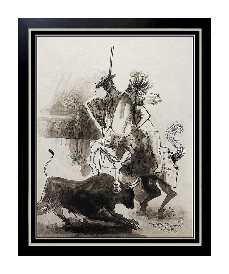 Byron Browne Animal Painting - BYRON BROWNE Original PAINTING Gouache on Board Signed Rare Don Quixote Art oil