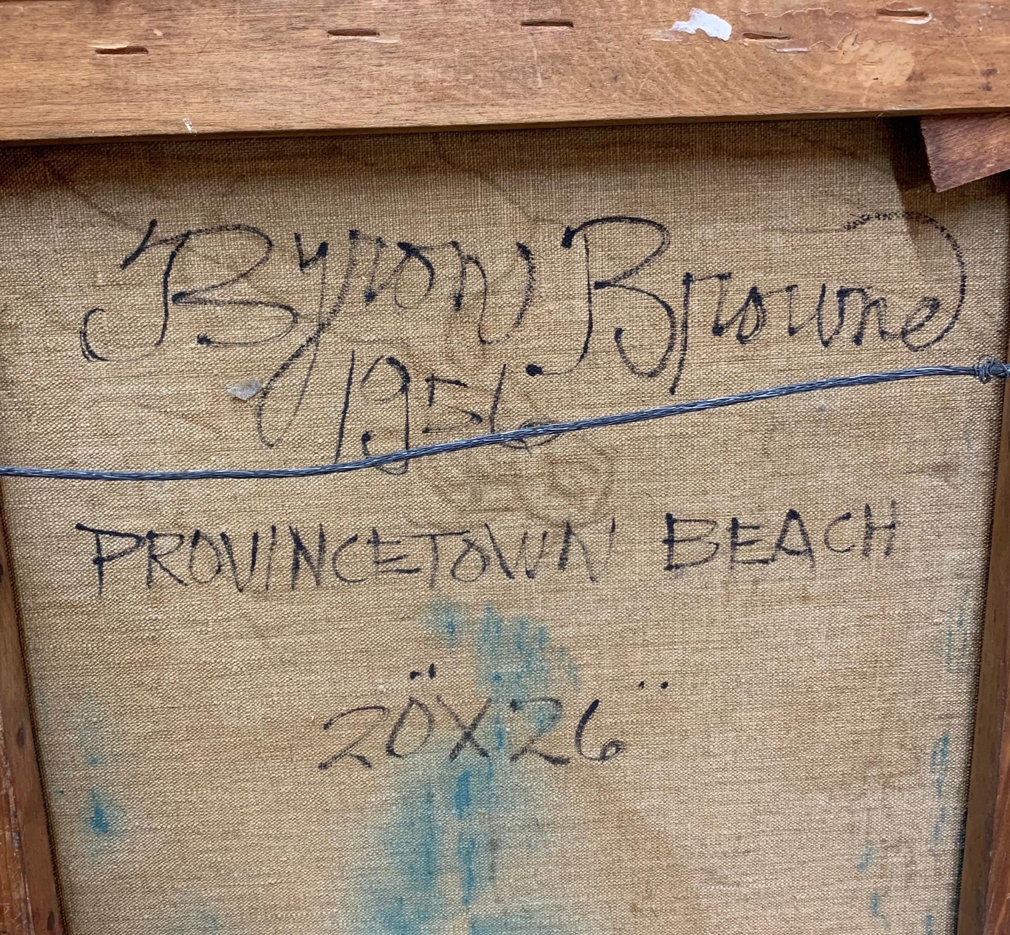 Wunderschönes fauvistisches postimpressionistisches Provincetown Beach am FLAG DAY von Byron Browne (1907-1961).  Öl auf Leinwand, datiert 1956.  Signiert unten rechts.  Angezeigt in einem modernen vergoldeten Rahmen, insgesamt mit Rahmen 30x24 Zoll