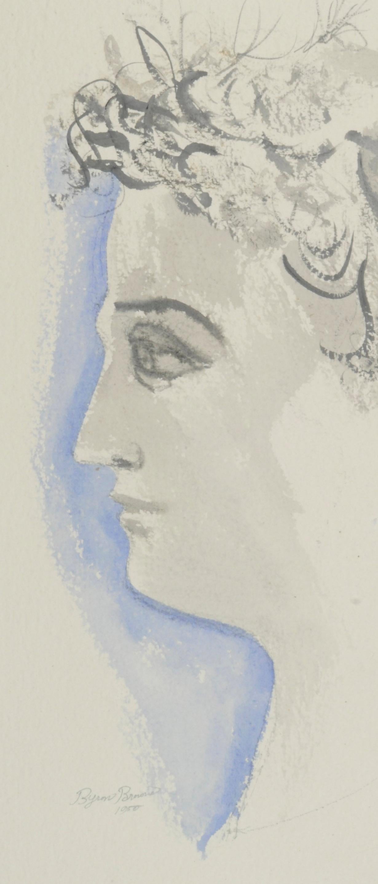 Tête néoclassique de profil - Beige Figurative Painting par Byron Browne